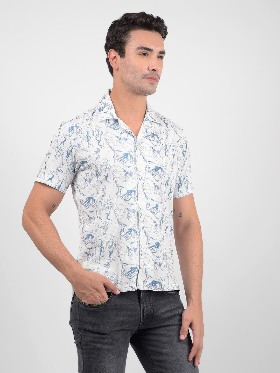 Numero Uno Men Printed White Resort Collar Fit Shirt